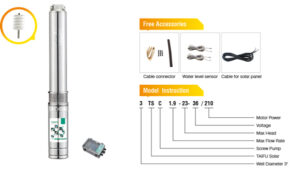 Bomba Solar Pozo Profundo 4 pulg. 110 V. 16.5 m3/hr 33m.c.a. 1000 W.